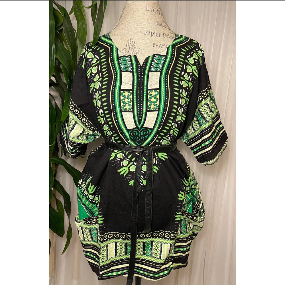 🌹SOLD🌹Vintage 80s Unisex Green/Black/White Dashiki Shirt Kaftan w/ Pockets XXL